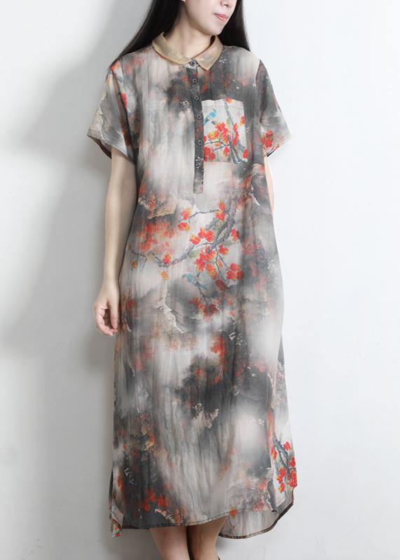 Diy Grey Print Silk Pockets Summer Vacation Dresses