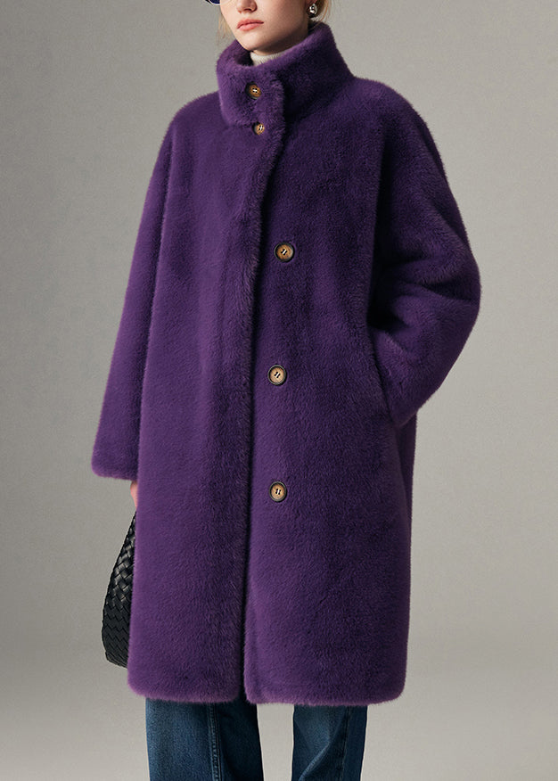 Purple Button Pockets Leather and Fur Coats Stand Collar