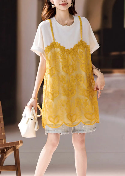 New Style White Organza Patchwork Embroidered T-shirt Summer