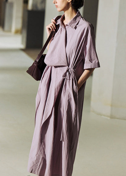Loose Purple Peter Pan Collar Lace Up Cotton Long Dresses Summer