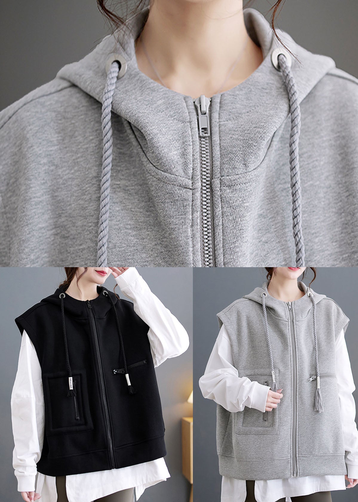 Black Patchwork Pockets Hoodie Waistcoat Fall
