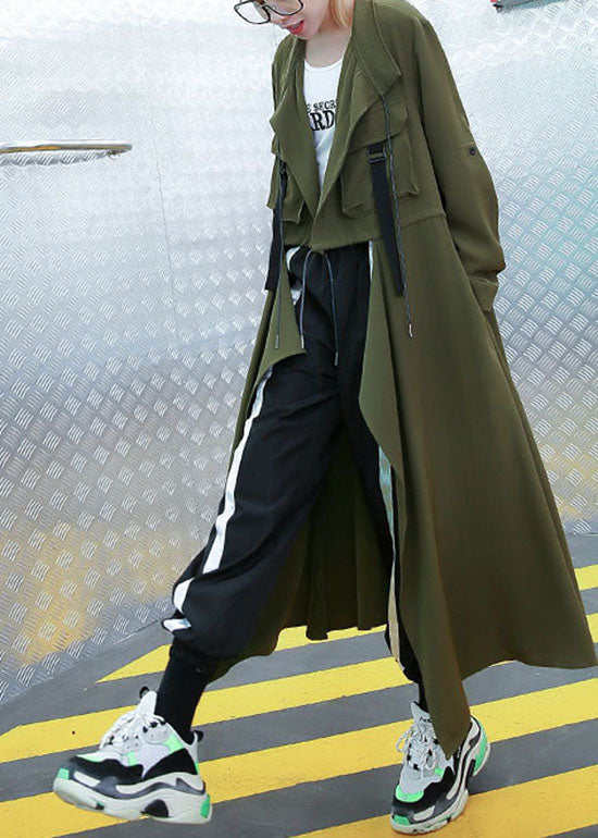 Army Green Pockets Peter Pan Collar Asymmetrical Trench Coat Spring