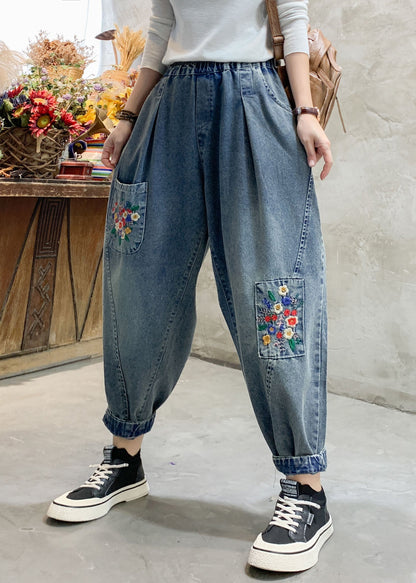 Denim Blue Embroideried Elastic Waist Pockets Cotton Harem Pants Summer
