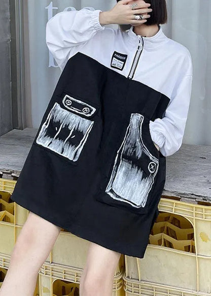 Pockets Print Patchwork Zippered Fall Sweatshirts Top