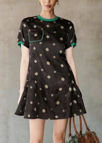 Black O Neck Print Wrinkled Silk Mid Dress Summer