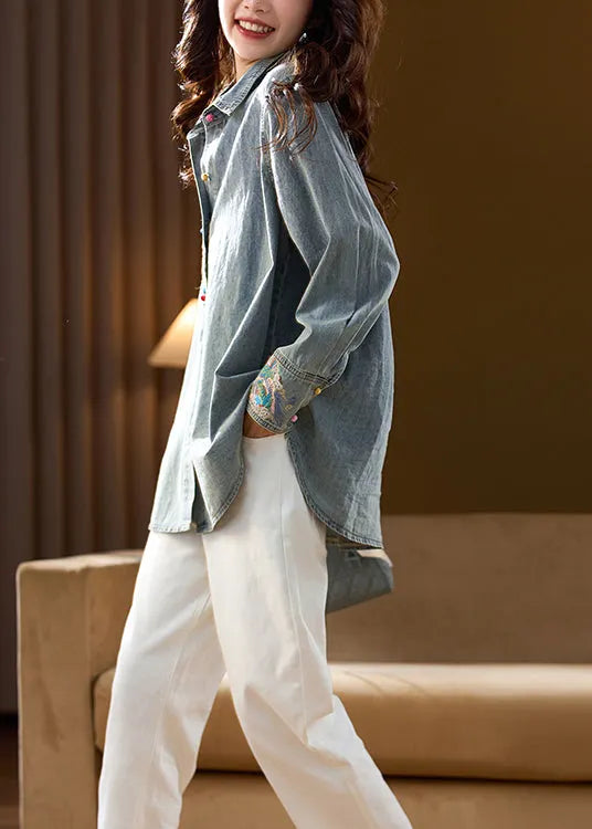 Organic Blue Peter Pan Collar Embroidered Denim Coat Top Spring