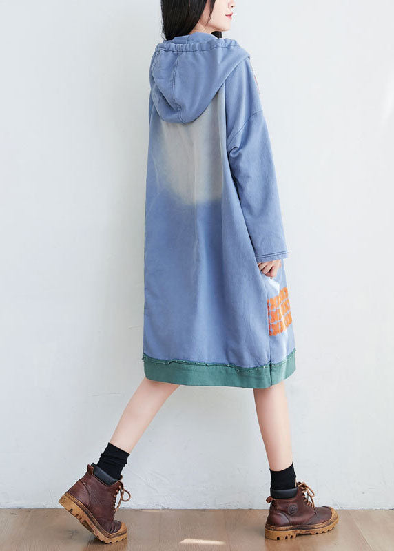 Green Hooded Print Cotton Mid Dresses Spring