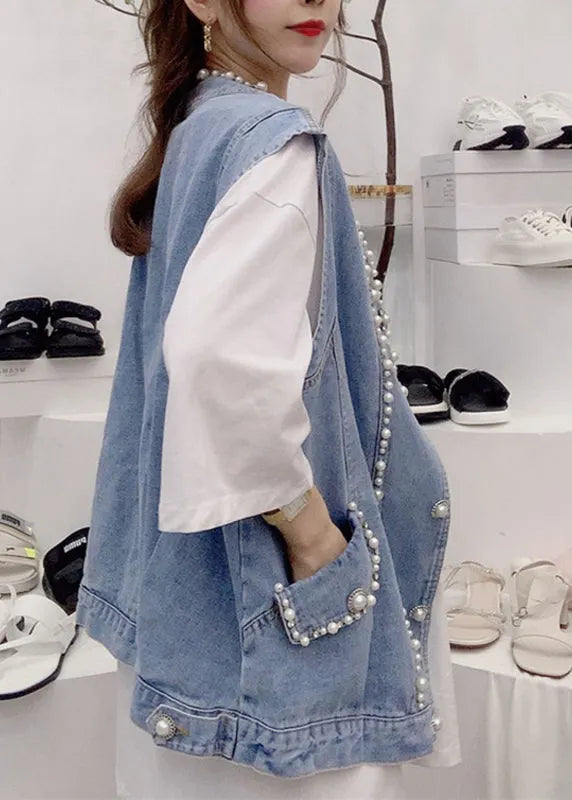 Blue V Neck Patchwork Nail Bead Denim Waistcoat Fall
