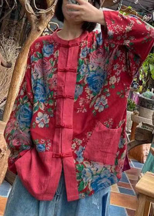 Red O-neck Print Button Pockets Cotton Top Long Sleeve