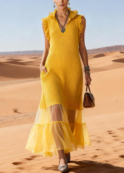 Yellow Ruffled Tulle Patchwork Knit Long Sweater Dress Sleeveless Spring