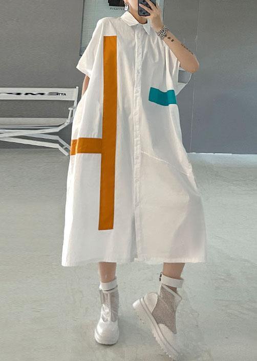 Natural White Summer Patchwork Cotton Short Sleeve Robe Dresses