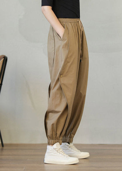 Khaki Pockets Elastic Waist Drawstring Harem Pants Spring