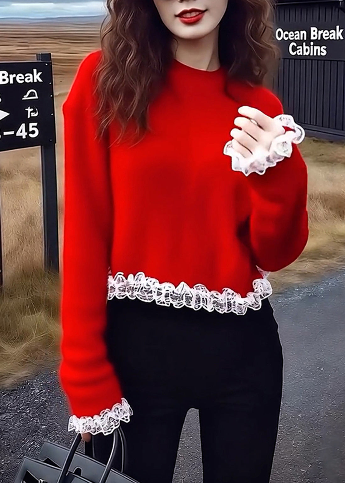 Red Oversized Patchwork Lace Sweaters Spring