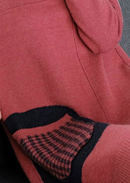 Red Patchwork Knitted Cotton Thread Hooded Sweater Dress Fall