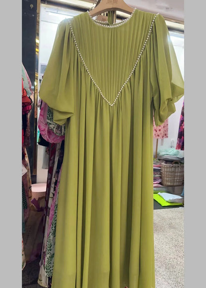Pink O-neck Wrinkled Nail Bead Long Traveling Dresses Spring
