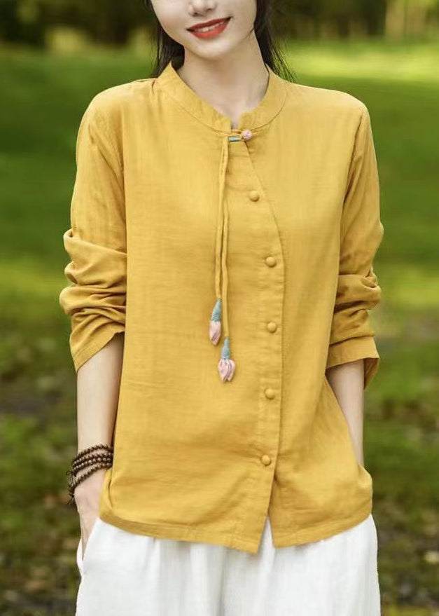 Mulberry Stand Collar Tasseled Patchwork Cotton Shirts Fall