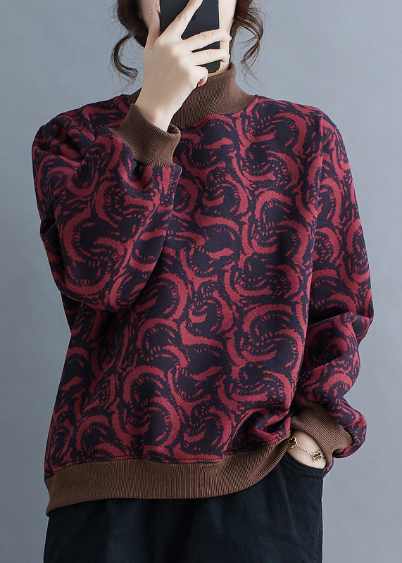 Mulberry Stand Collar Print Warm Fleece Pullover Spring
