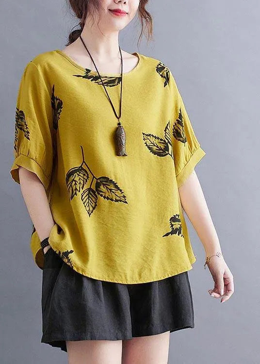 Yellow Half Sleeve Shirt Tops Summer Cotton Linen