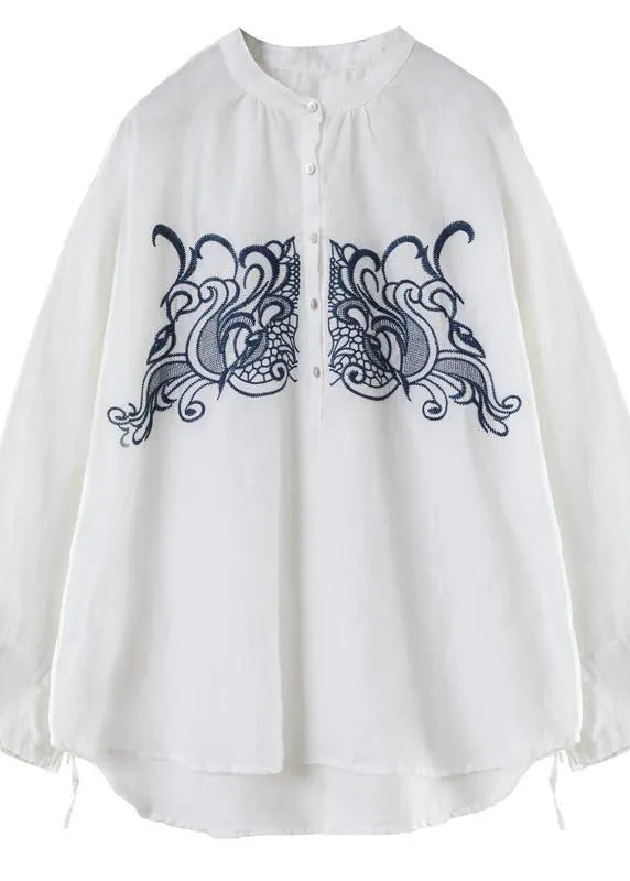 Art White Embroidery Tops Stand Collar Daily Spring Top