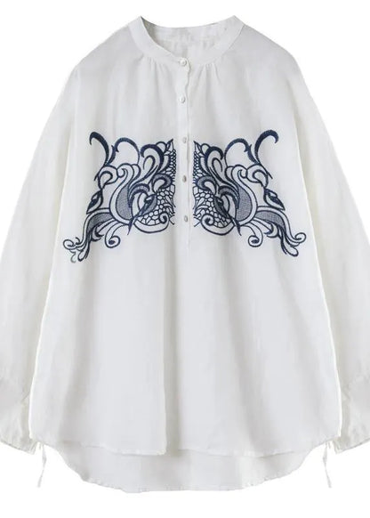Art White Embroidery Tops Stand Collar Daily Spring Top