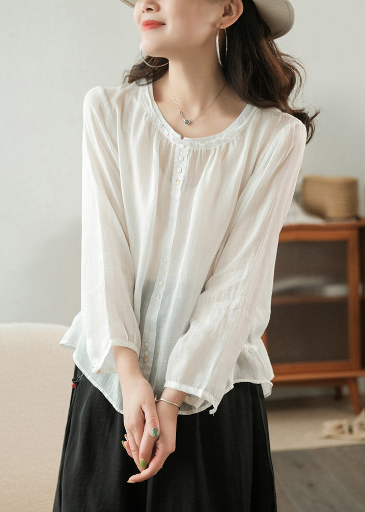 White Patchwork Ruffles Linen Shirt Top Three Quarter Sleeve