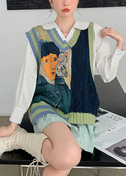 Diy Green V Neck Jacquard Cozy Fall Knit Vest