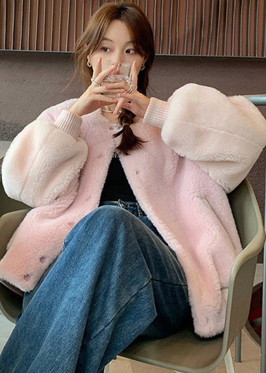 French Pink O-neck Patchwork Button Woolen Coats Winter