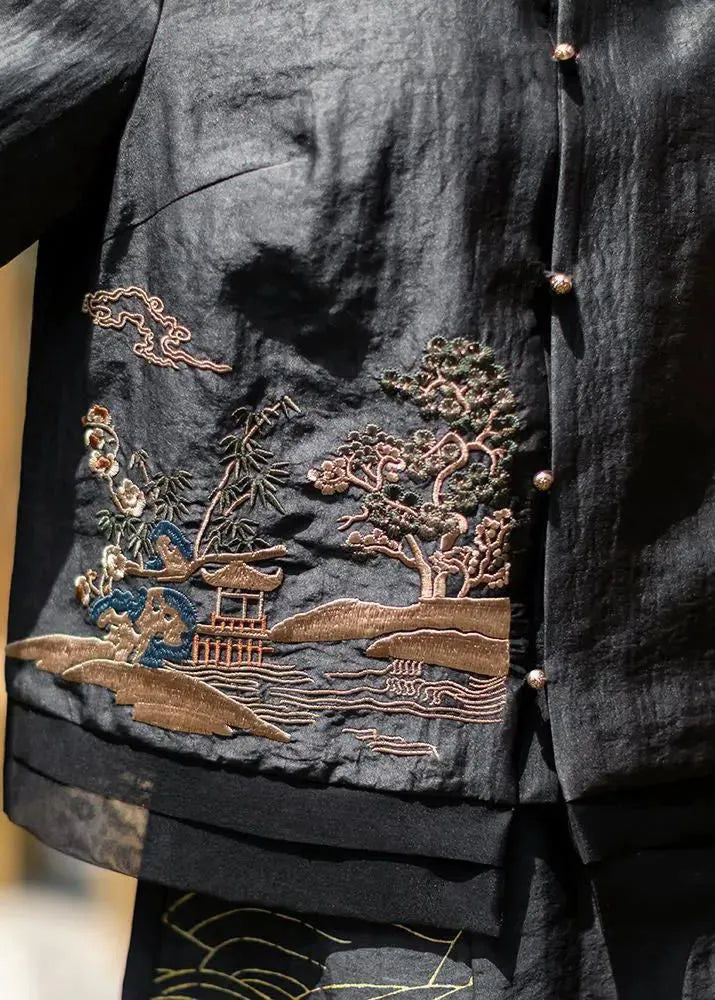 Original Design Black Stand Collar Embroideried Patchwork Silk Top Half Sleeve