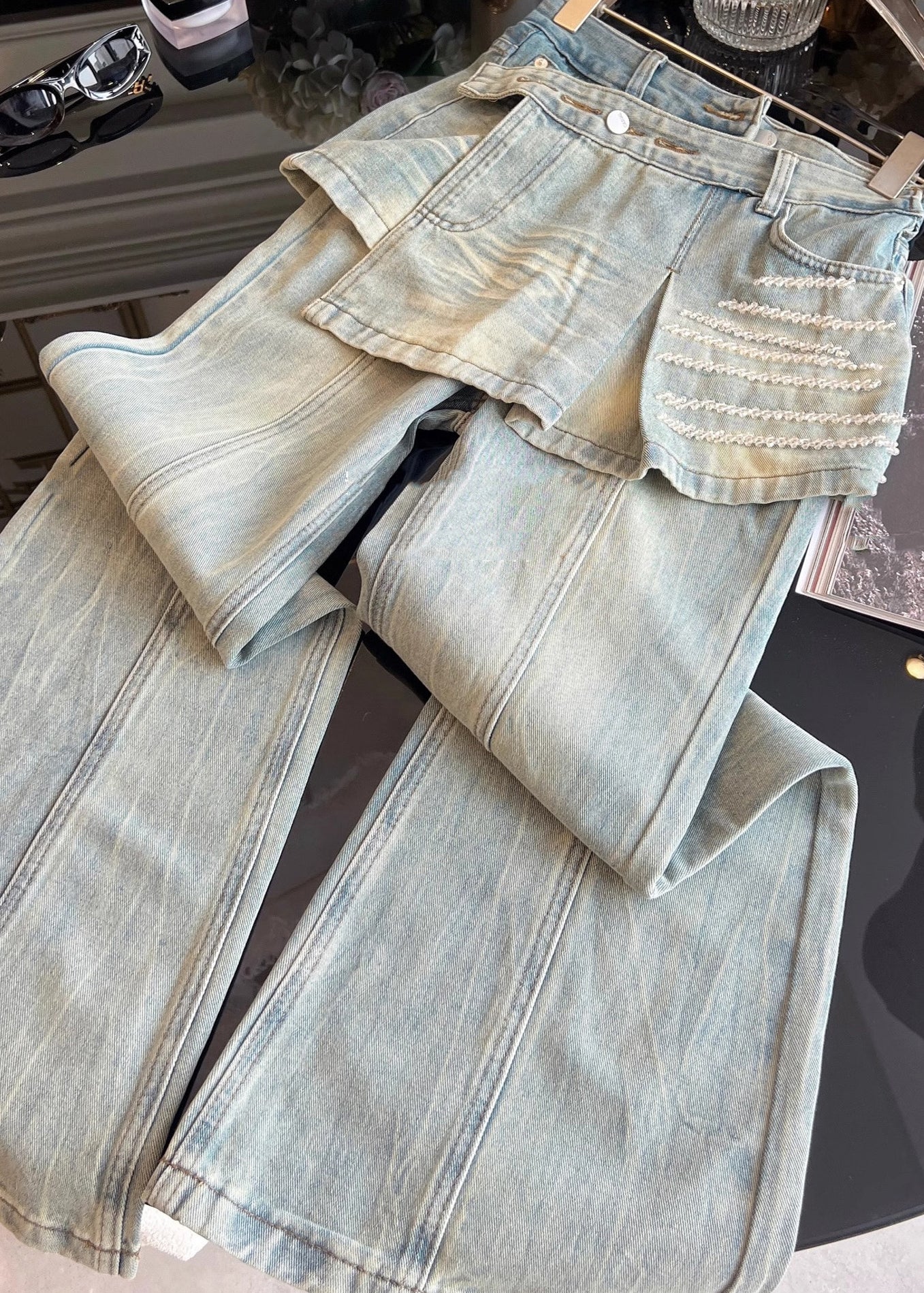 Blue Pockets False Two Pieces Patchwork Denim Pants Fall