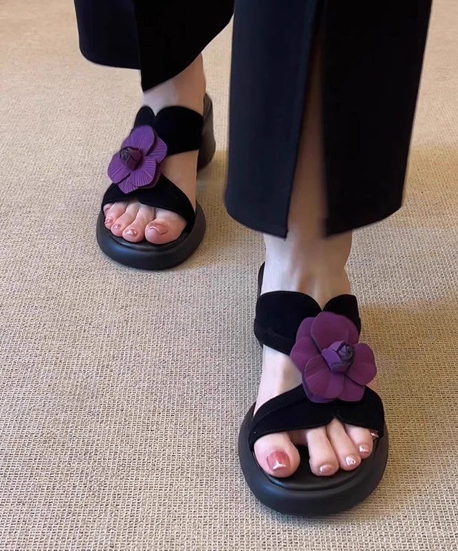 Black Splicing Chunky Slide Sandals Peep Toe