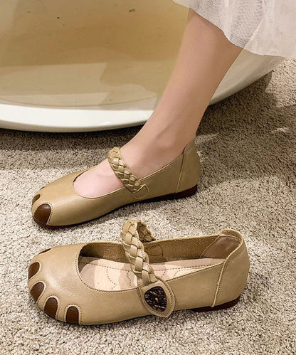 Fine Buckle Strap Flat Shoes for Beige Cowhide Leather