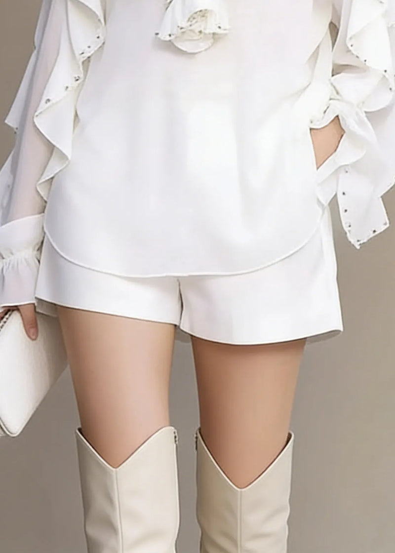 Modern White Ruffled Nail Bead Chiffon Tops Spring