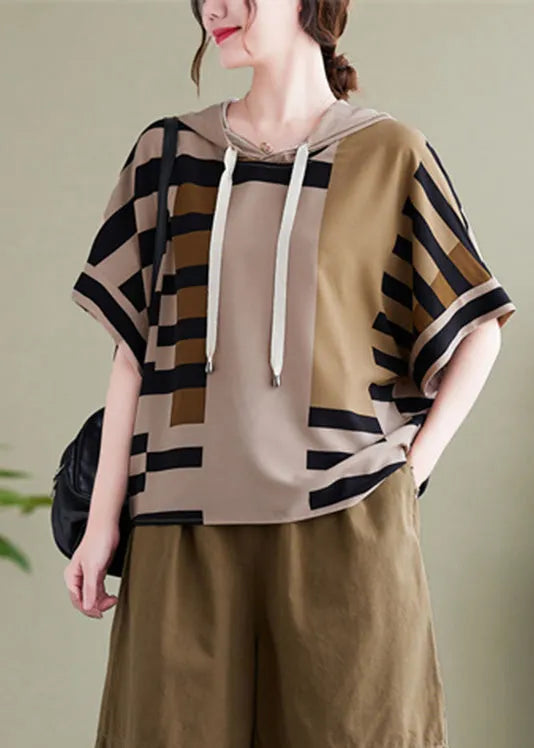 Grey Striped Patchwork Hooded Shirt Summer