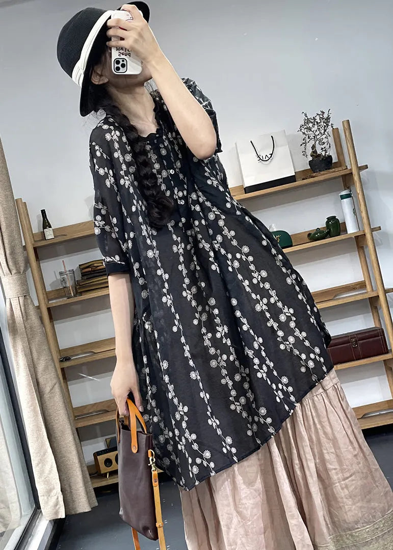 Black Stand Collar Side Open Print Shirt Top Short Sleeve