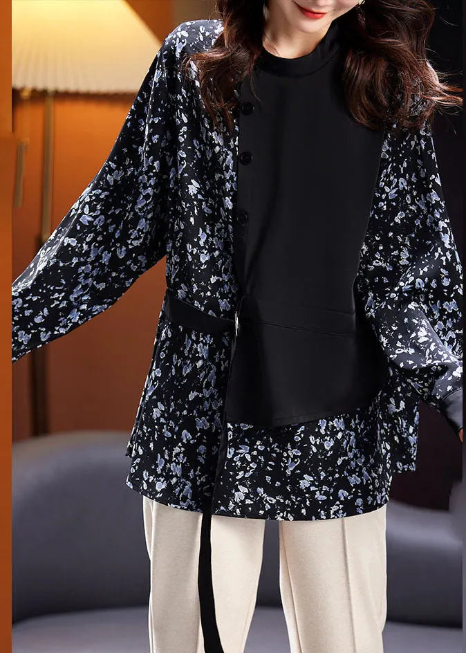 Italian Black O-neck Print Patchwork Fake Two Pieces Shirt Fall