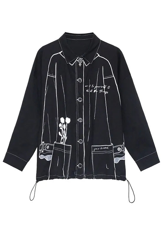 Black Print Drawstring Button Fall Long Sleeve Shirts