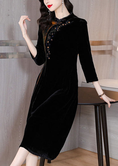 Black Print Embroideried Tassel Silk Velour Maxi Dresses Fall