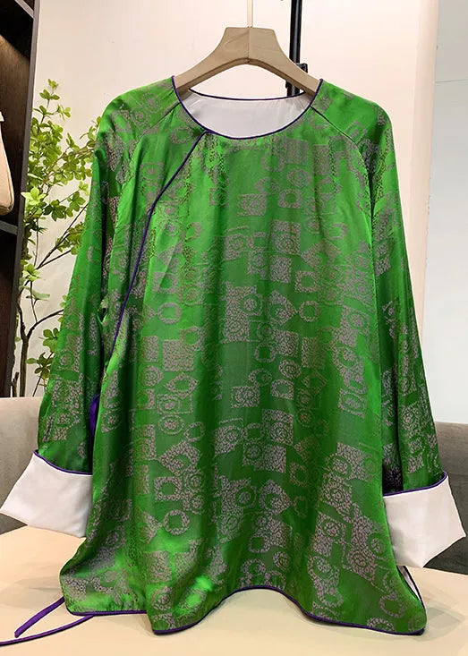 Green O-neck Tie Waist Patchwork Jacquard Silk Shirts Long Sleeve