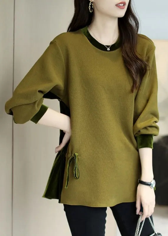 Loose Green O-neck Patchwork Drawstring Sweatshirts Top Long Sleeve