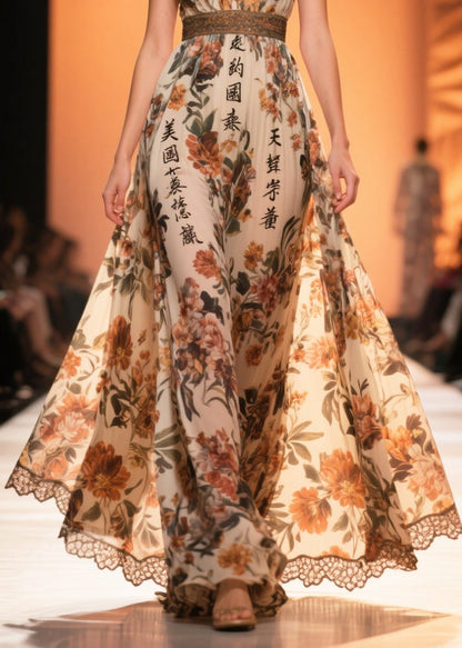 Brown Print Draping Chiffon Vestidos Dresses Summer
