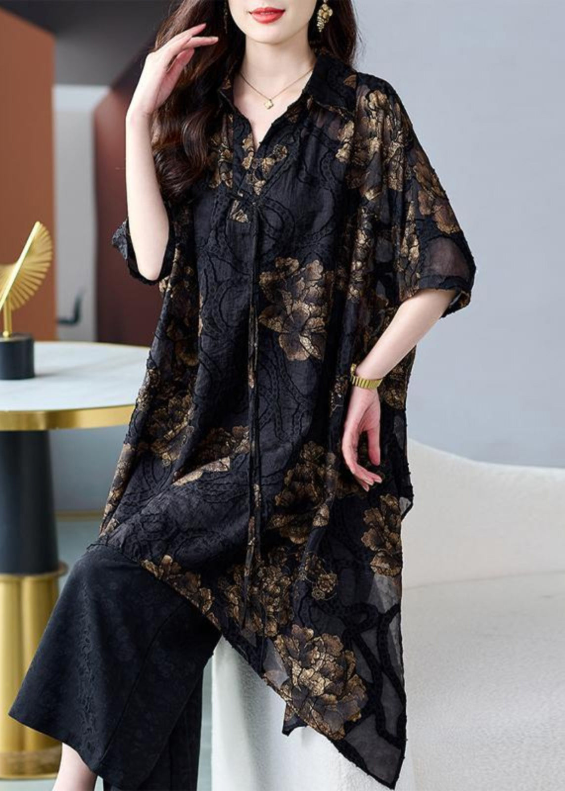 Black Asymmetrical Silk Blouse Tops Summer