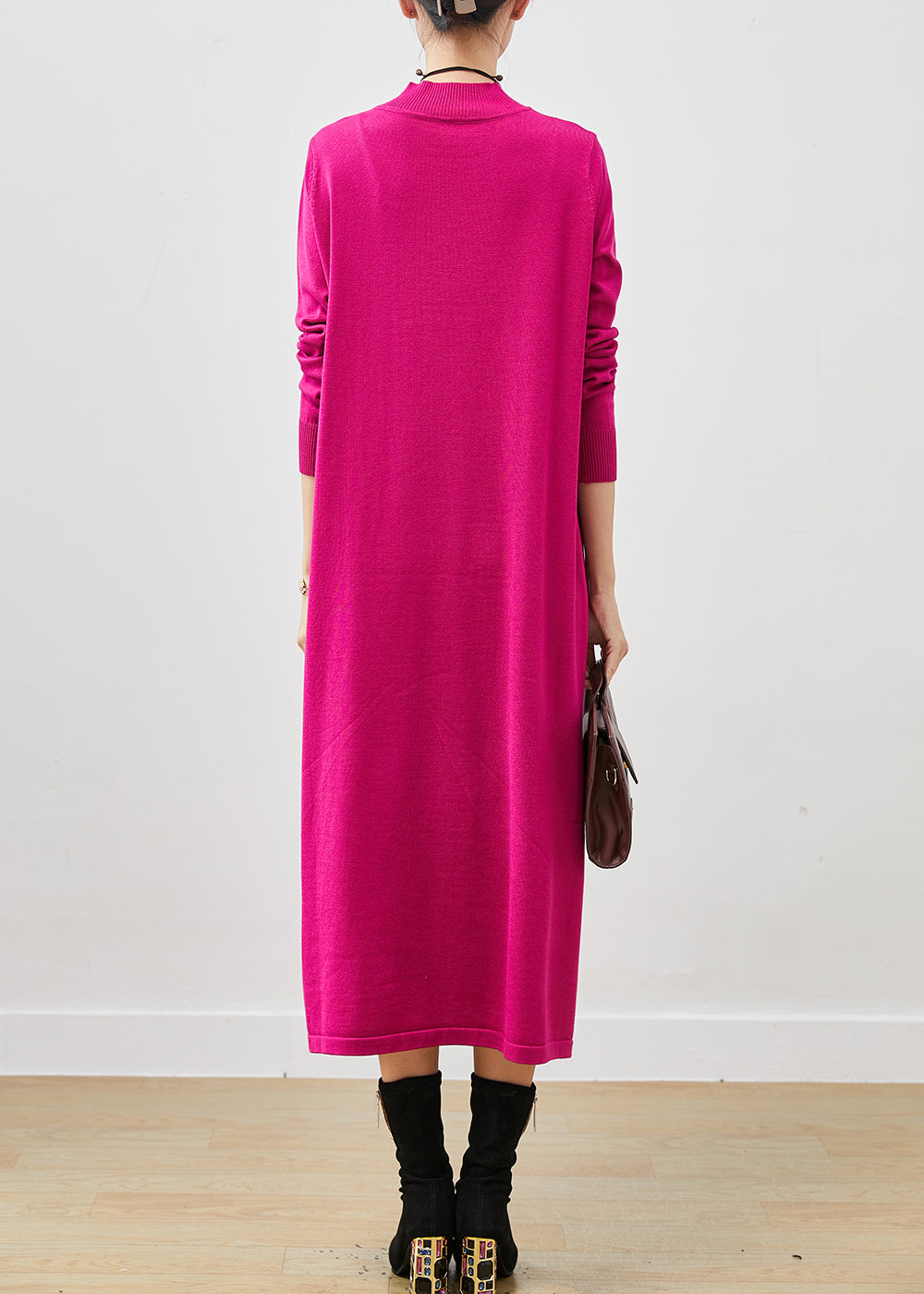 Rose Stand Collar Silm Fit Long Knit Dress Spring