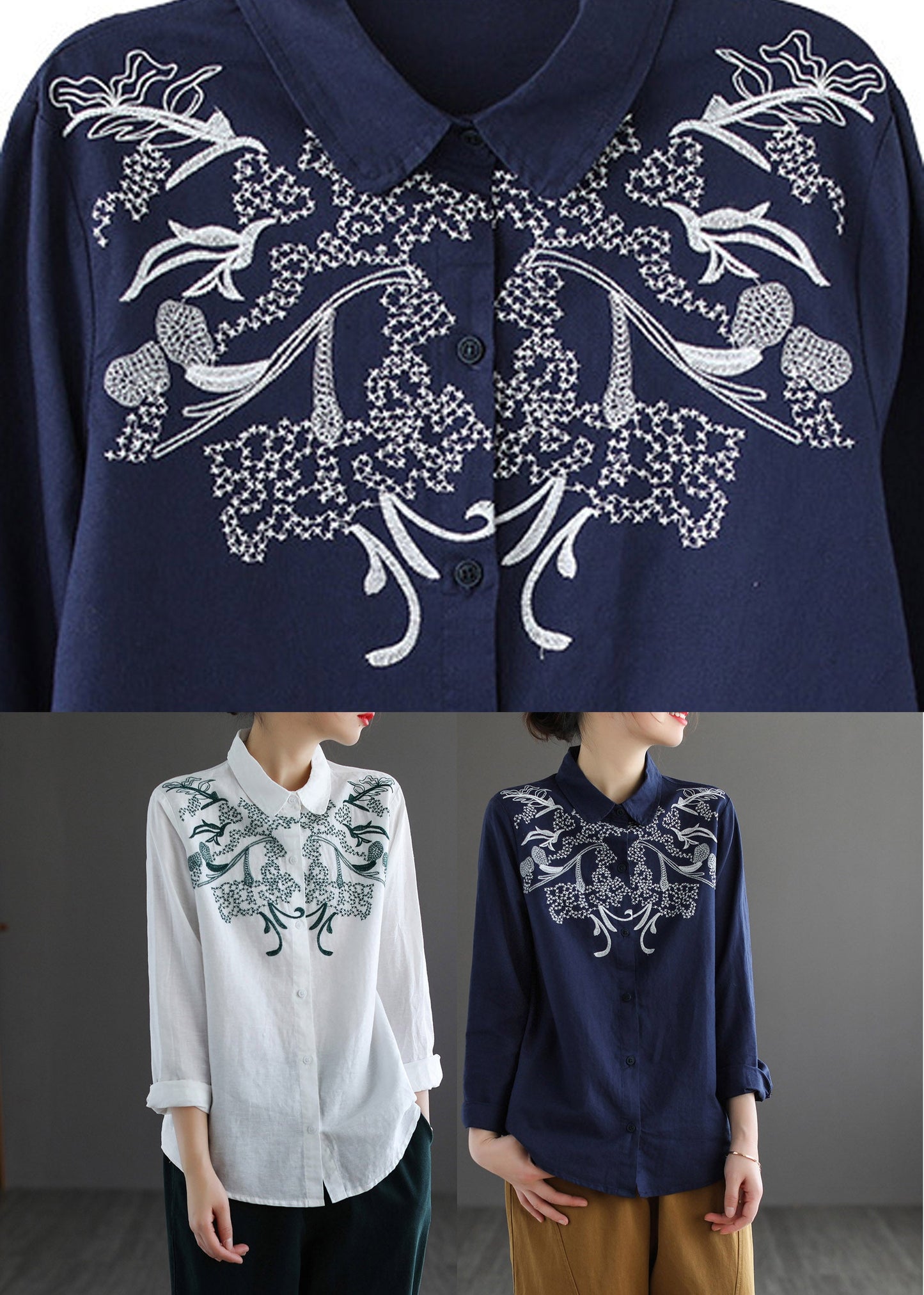 White Peter Pan Collar Embroideried Shirt Long Sleeve