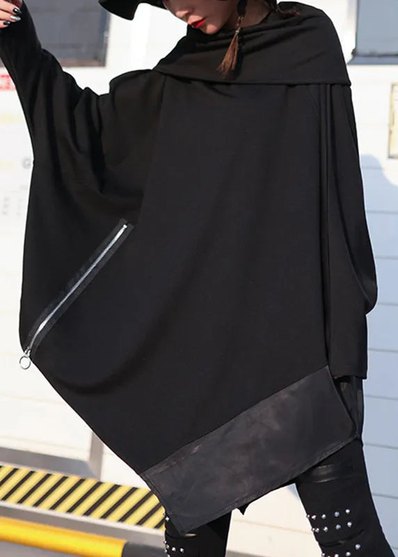 Organic Black Turtle Neck Pockets Zippered Patchwork Sweatshirts Long Sleeve