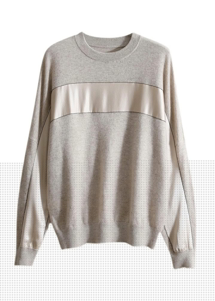 Modern Grey O-neck Chiffo Patchwork Knit Pullover Long Sleeve