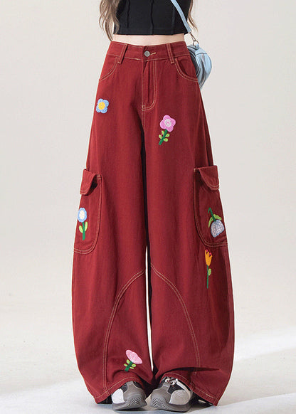 Unique Red Embroidered Pockets Denim Wide Leg Pants Spring