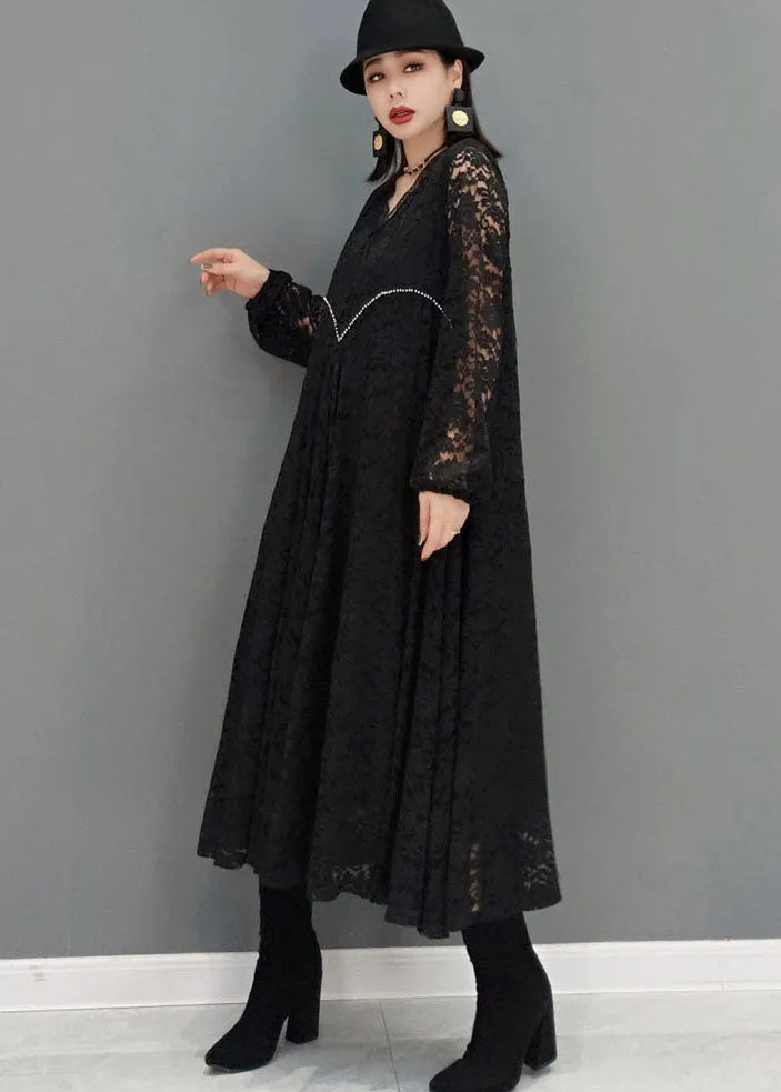 Black V Neck Hollow Out Lace Dresses Spring