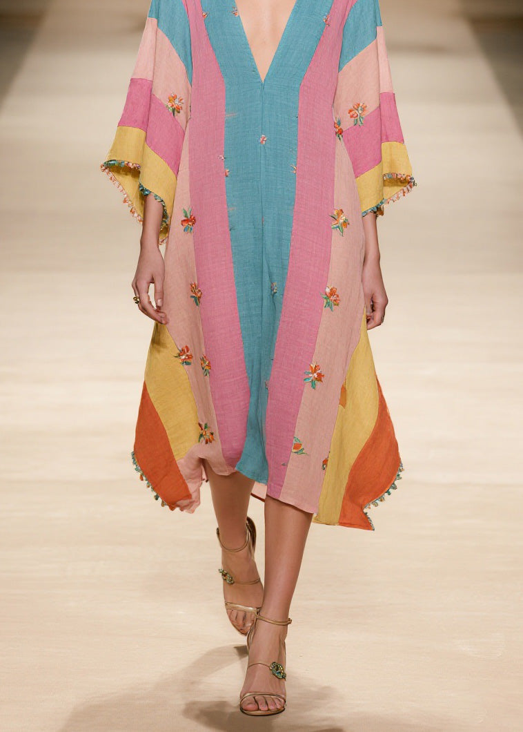Colorblock V Neck Print Cotton Dress Summer