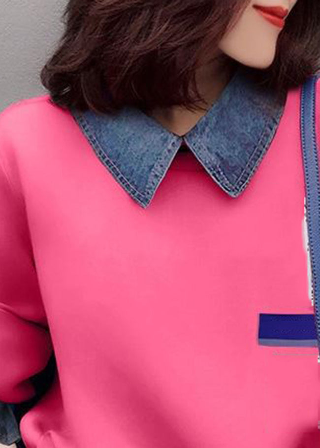 Pink Drawstring Peter Pan Collar Denim Patchwork Sweatshirts Top Spring