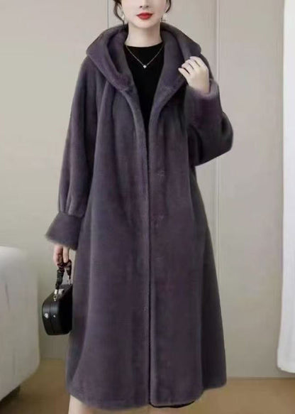 Loose Purple Hooded Pockets Mink Hair Coats Winter